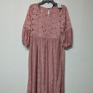 Suzanne Betro Pink Lace 3-Quarter Lantern-Sleeves with Inner Slip Midi Dress - M